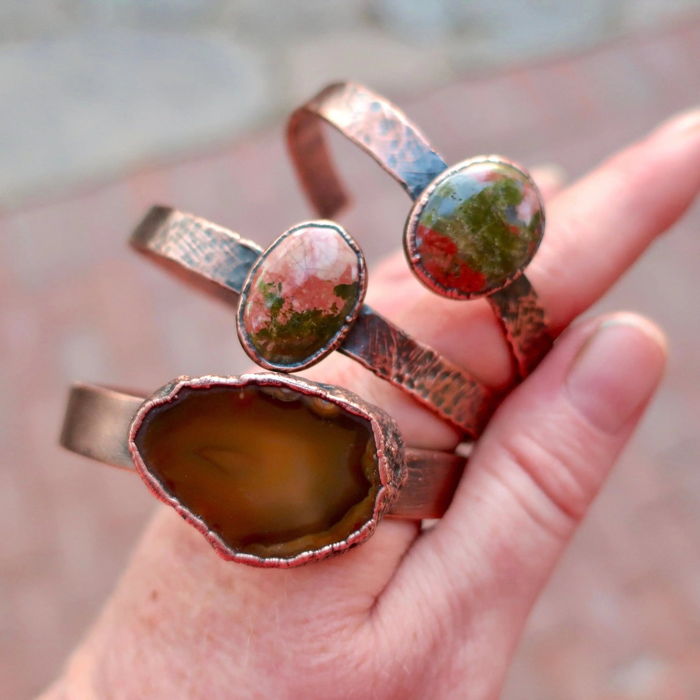 Handcrafted Copper Agate Slice Cuff Bracelet for Balance Blackbird & Sage Studio