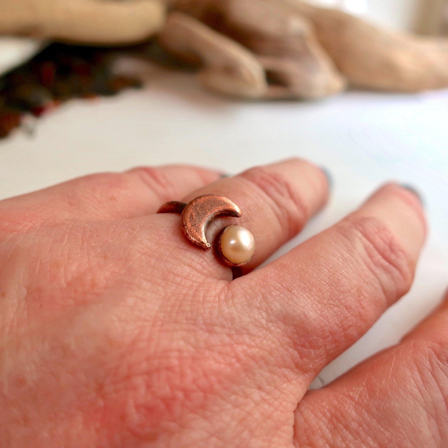 Pearl Crescent Moon Open Ring in Unique Copper Design - Blackbird & Sage Jewelry
