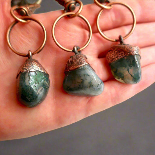 Handmade Moss Agate Keychain in Electroformed Copper Charm for Prosperity - Blackbird & Sage Jewelry