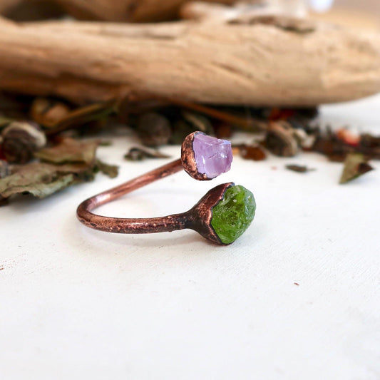 Unique Peridot and Amethyst Open Ring in Copper Design - Blackbird & Sage Jewelry