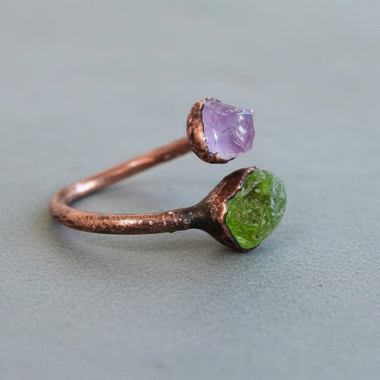 Unique Peridot and Amethyst Open Ring in Copper Design - Blackbird & Sage Jewelry