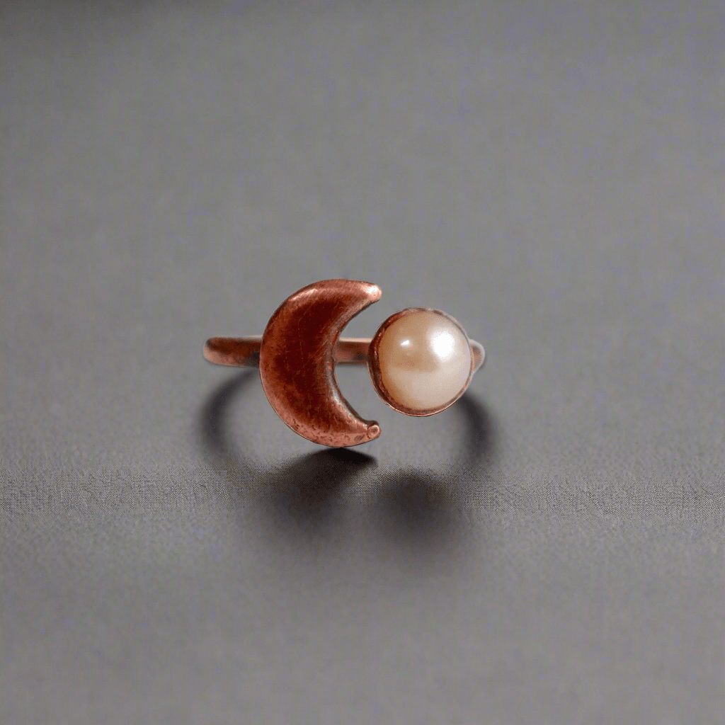 Pearl Crescent Moon Open Ring in Unique Copper Design - Blackbird & Sage Jewelry