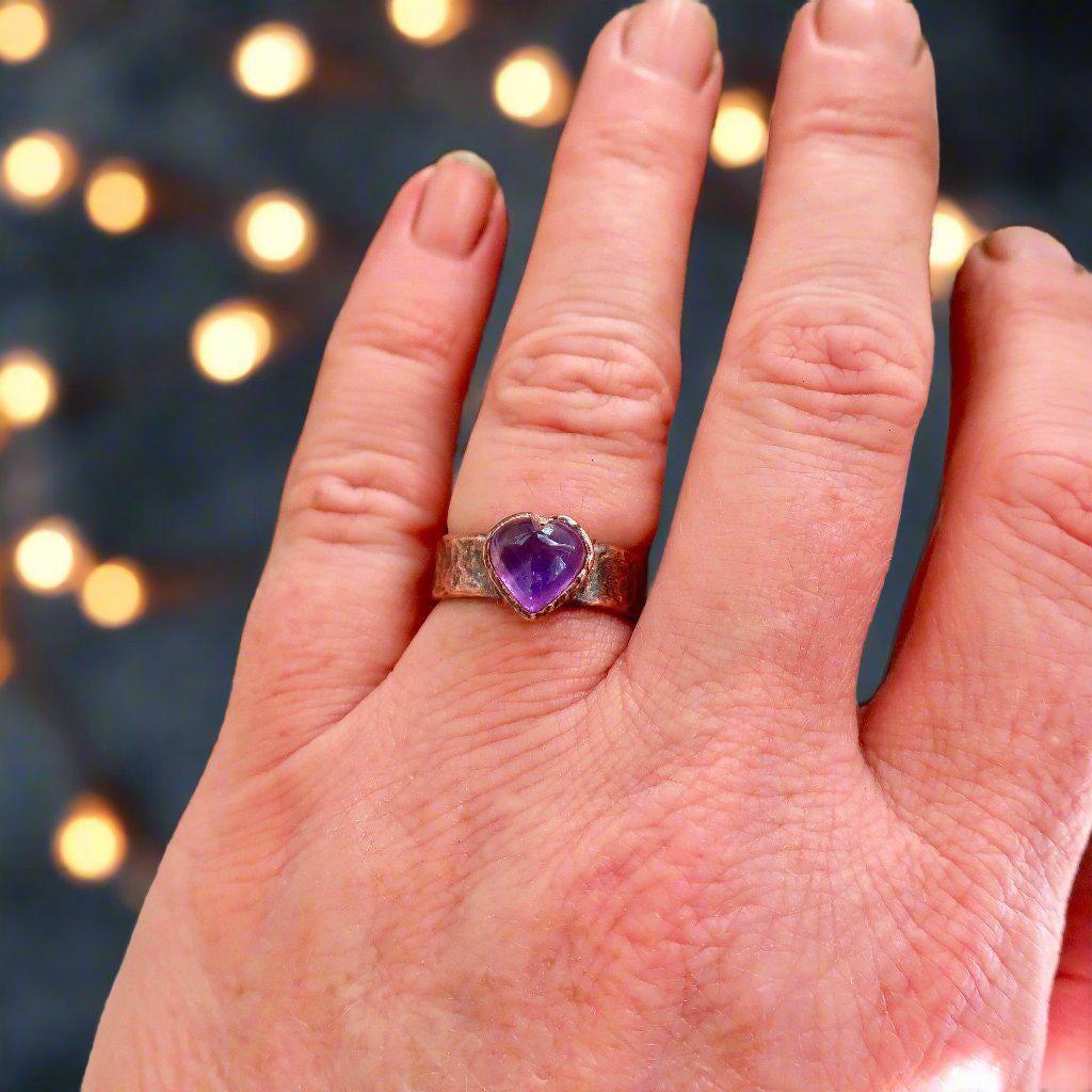 Amethyst Heart Wide Band Electroformed Copper Ring Gift for Healing - Blackbird & Sage Jewelry