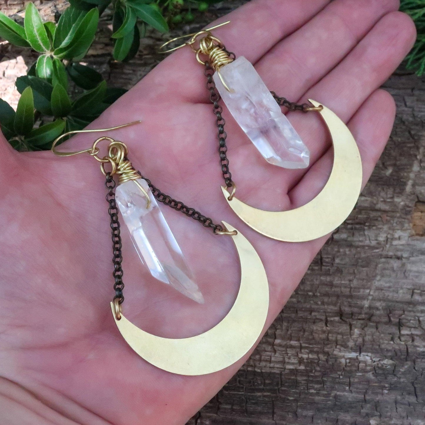 Quartz Point and Brass Crescent Moon Earrings for Healing - Blackbird & Sage Jewelry