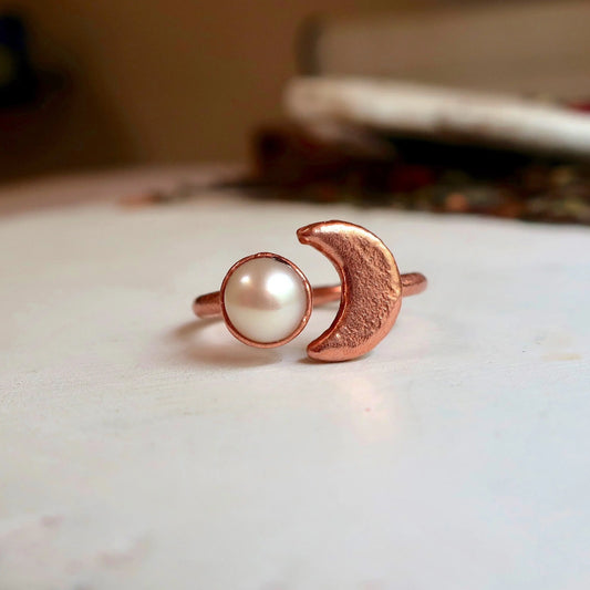 Pearl Crescent Moon Open Ring in Unique Copper Design - Blackbird & Sage Jewelry