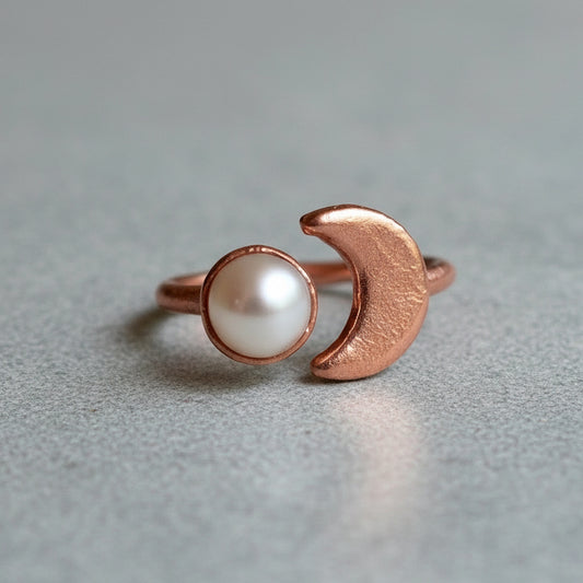 Pearl Crescent Moon Open Ring in Unique Copper Design - Blackbird & Sage Jewelry
