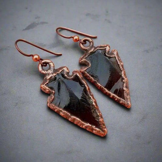 Obsidian Arrowhead Earrings with Copper Electroforming - Blackbird & Sage Jewelry