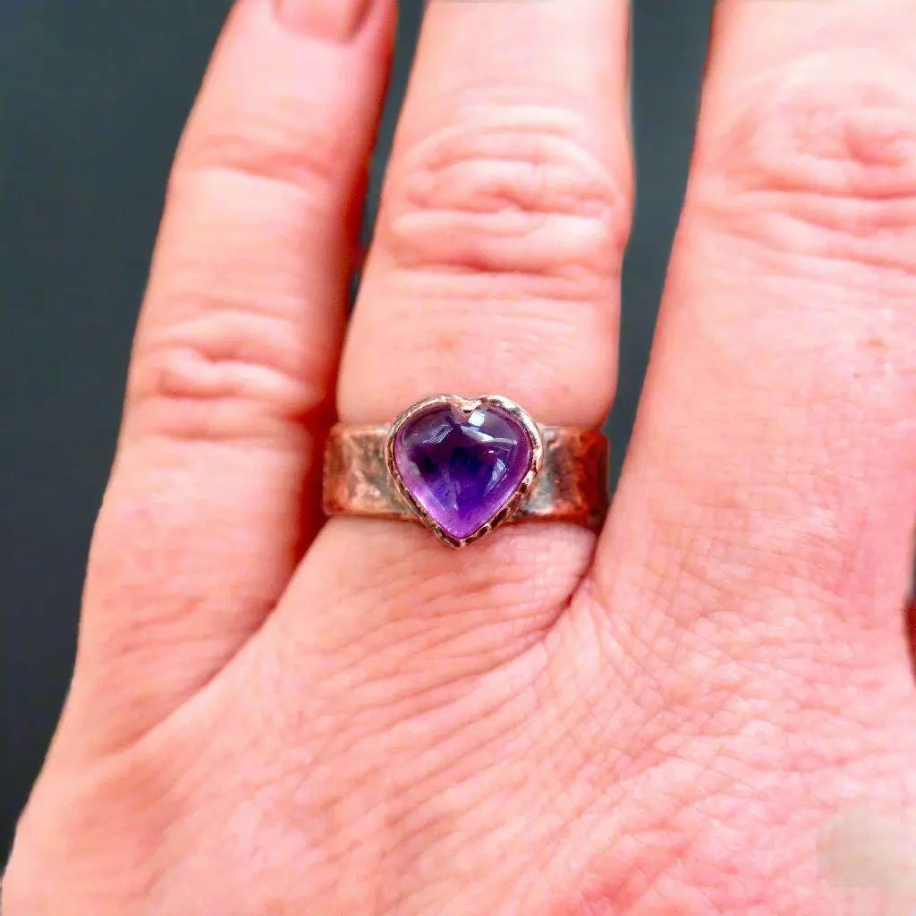 Amethyst Heart Wide Band Electroformed Copper Ring Gift for Healing - Blackbird & Sage Jewelry
