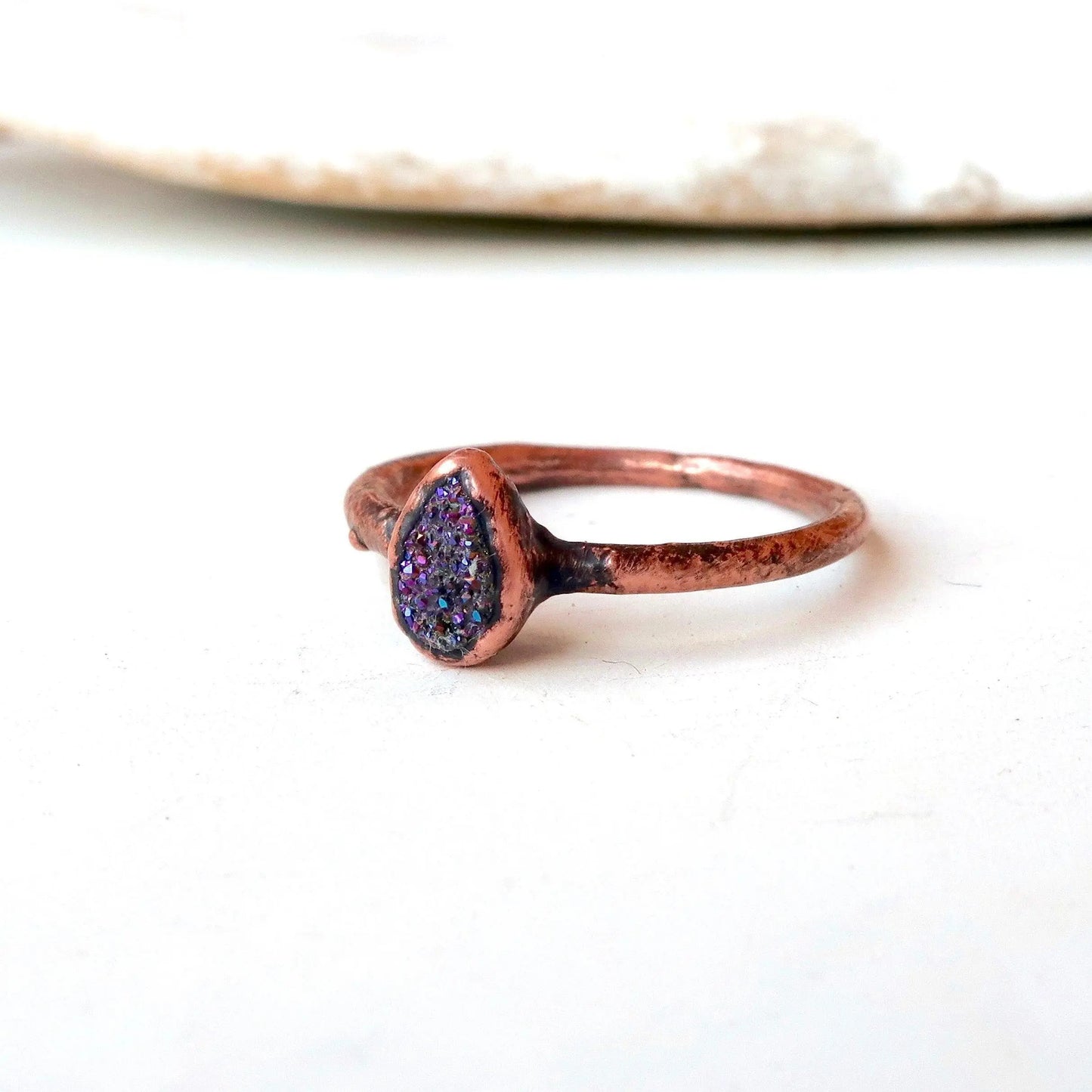 Druzy Quartz Teardrop Ring with Antique Copper Elegance - Blackbird & Sage Jewelry