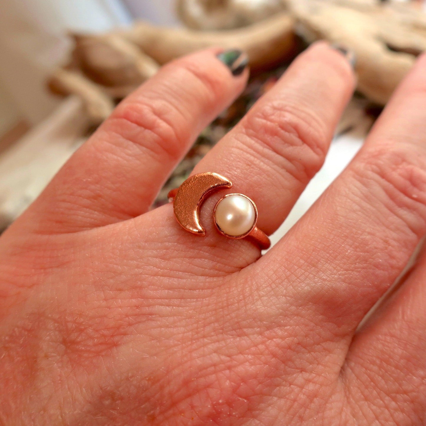 Pearl Crescent Moon Open Ring in Unique Copper Design - Blackbird & Sage Jewelry