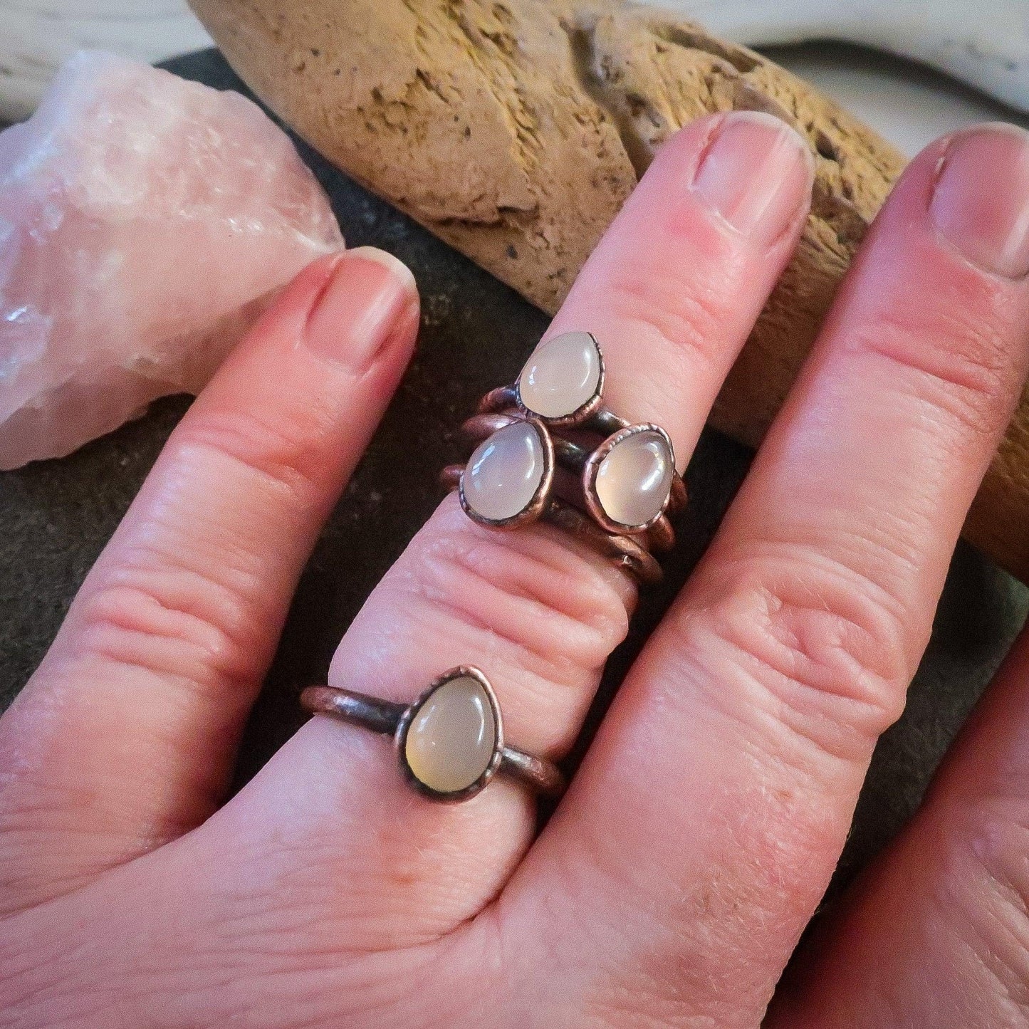 Handcrafted Pink Chalcedony Teardrop Copper Ring for Healing - Blackbird & Sage Jewelry