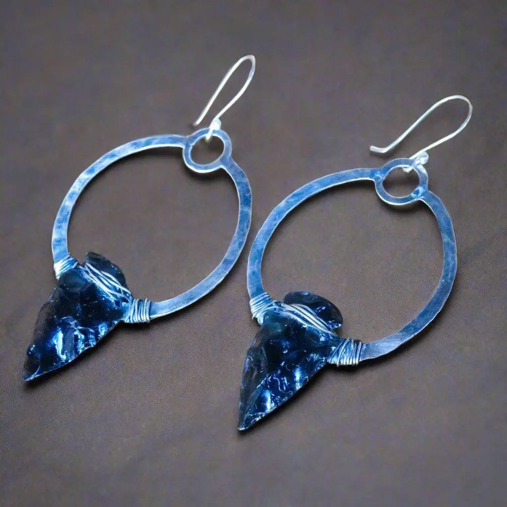 Black Obsidian Earrings in Sterling Silver Hoop Design for Strength - Blackbird & Sage Jewelry