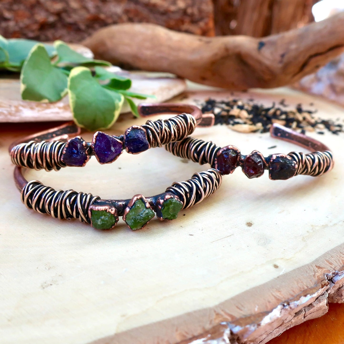 Raw Garnet Bracelet with Electroformed Copper Cuff - Blackbird & Sage Jewelry