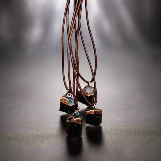 Raw Black Tourmaline Necklace with Copper Leather Pendant for Protection - Blackbird & Sage Jewelry