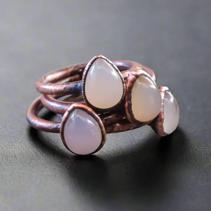 Handcrafted Pink Chalcedony Teardrop Copper Ring for Healing - Blackbird & Sage Jewelry