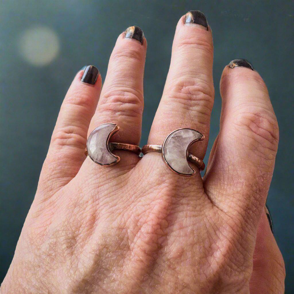 Unique Handmade Kunzite Crescent Moon Ring for Boho Lovers - Blackbird & Sage Jewelry