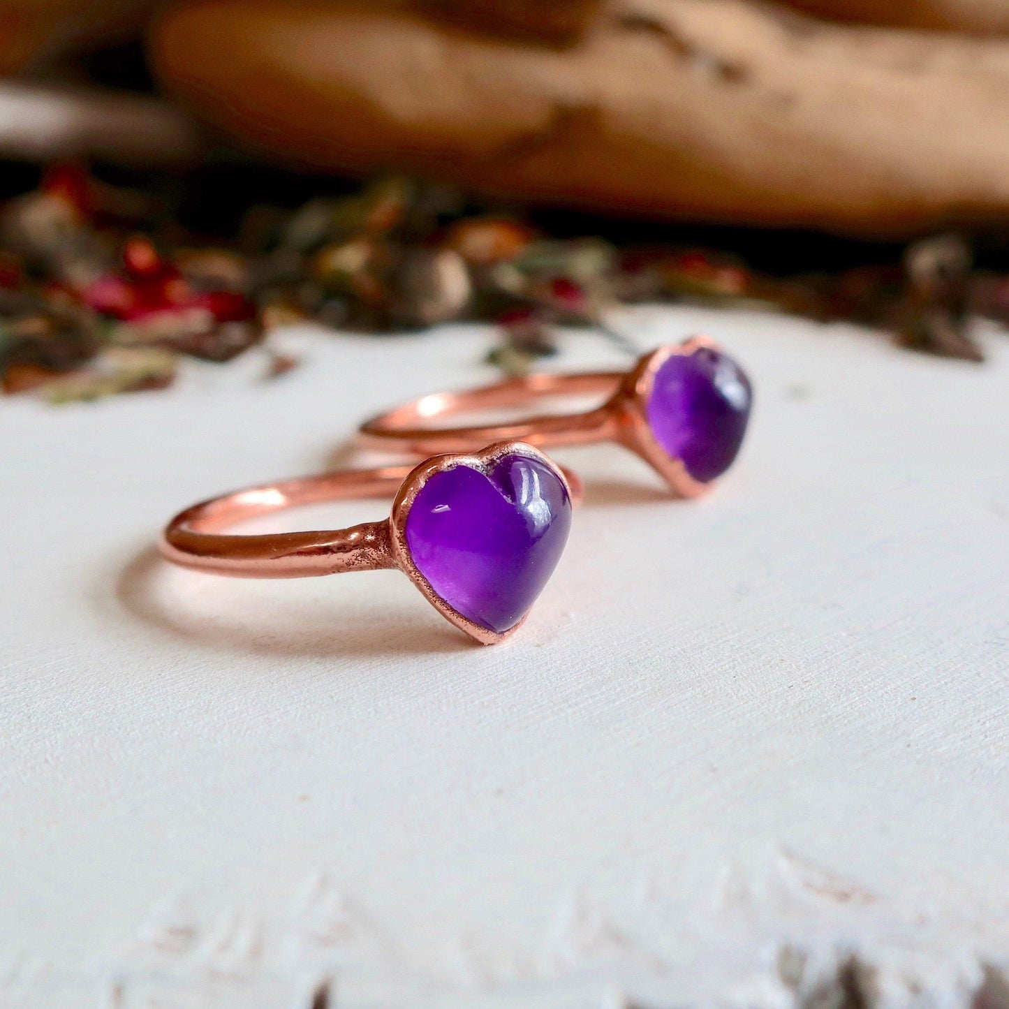 Handmade Heart Shaped Amethyst Ring in Copper - Blackbird & Sage Jewelry