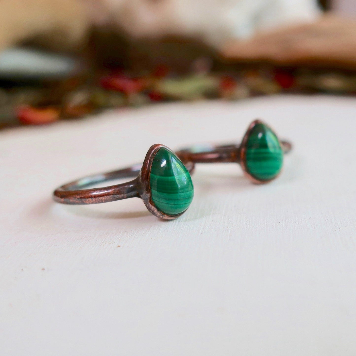 Handmade Teardrop Malachite Ring in Unique Copper Design - Blackbird & Sage Jewelry