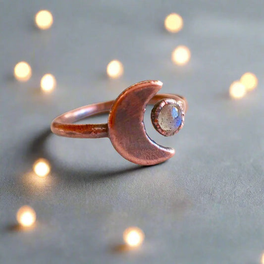 Handmade Copper Moon and Labradorite Open Ring for Intuition - Blackbird & Sage Jewelry