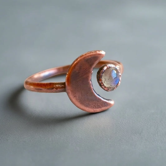 Handmade Copper Moon and Labradorite Open Ring for Intuition - Blackbird & Sage Jewelry