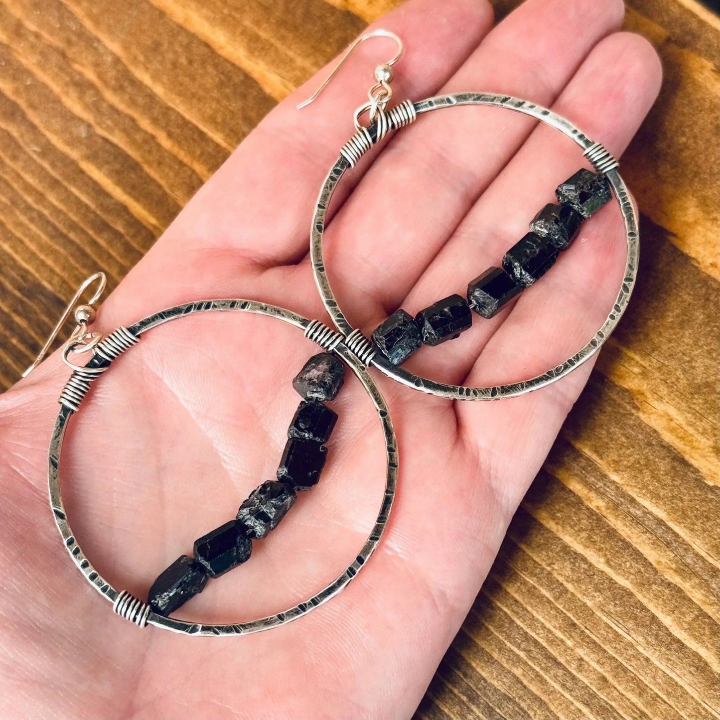 Sterling Silver Hoop Earrings with Black Tourmaline Charm for Protection - Blackbird & Sage Jewelry