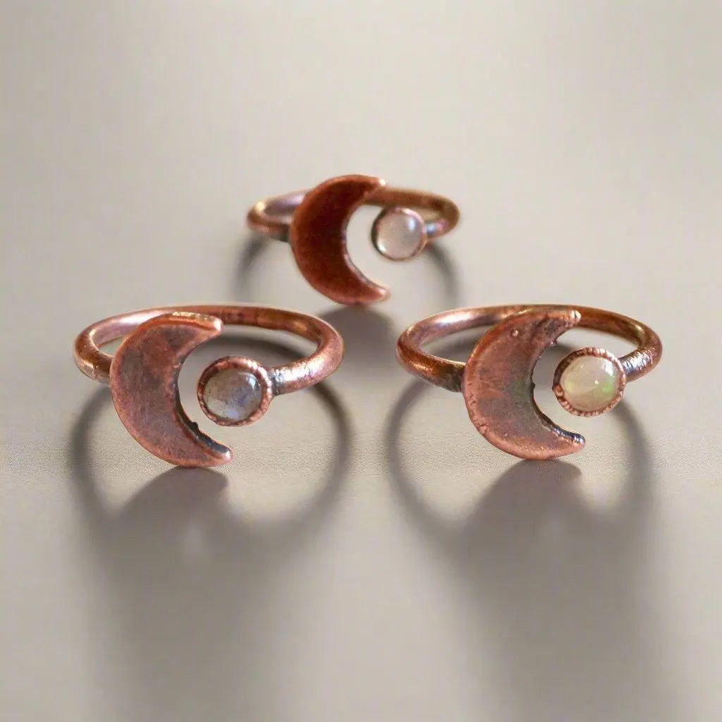 Crescent Moon and Opal Ring in Unique Copper Artistry - Blackbird & Sage Jewelry