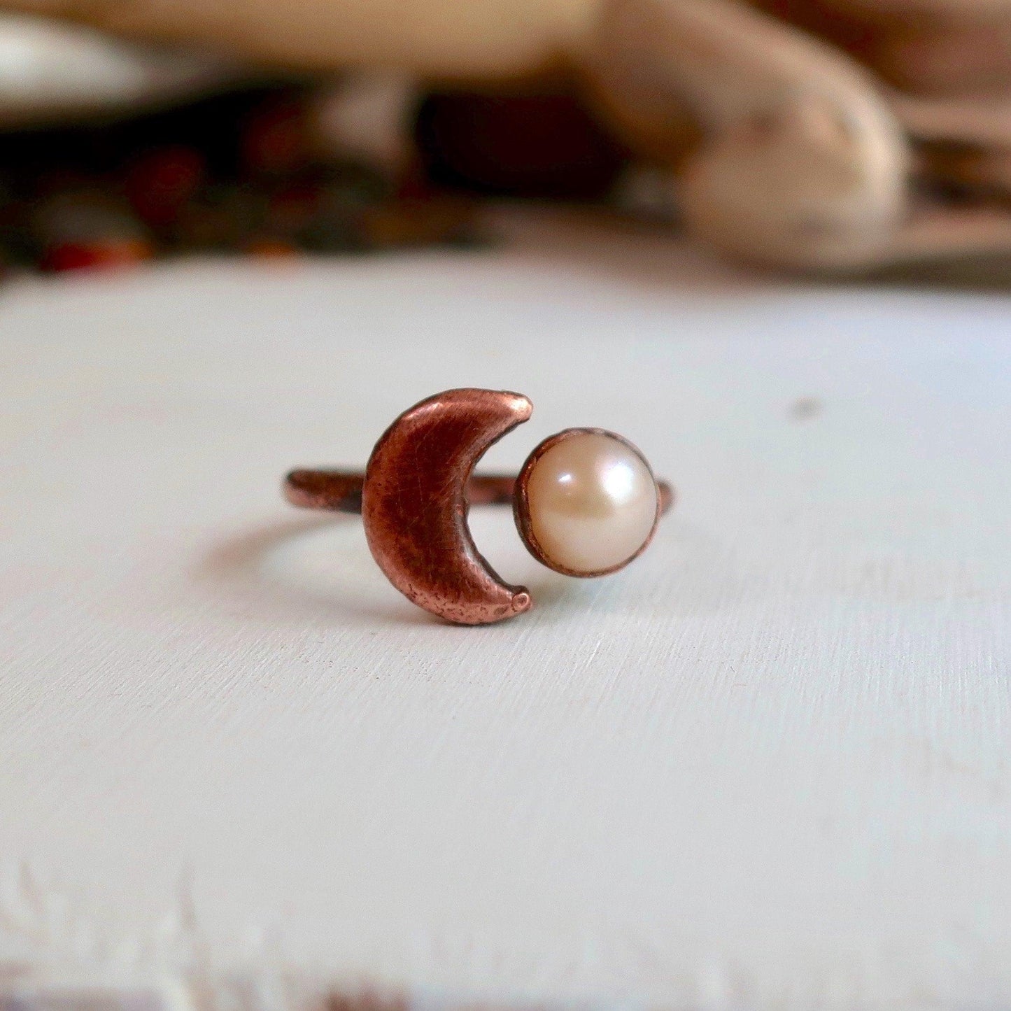 Electroformed Copper Ring With Pearl and Moon Charm - Blackbird & Sage Jewelry