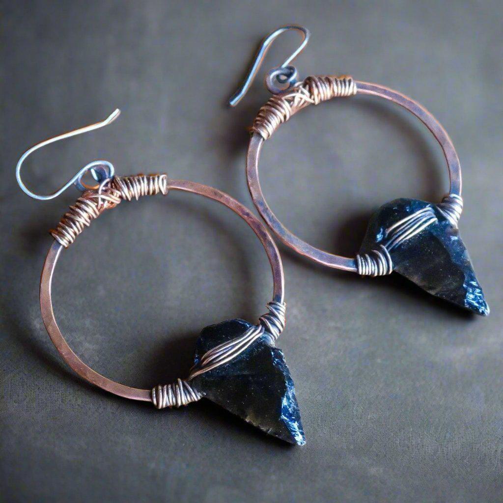 Black Obsidian Arrowheads on Copper Hoops Earrings - Blackbird & Sage Jewelry