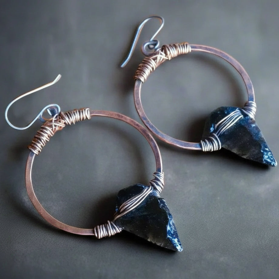 Black Obsidian Arrowheads on Copper Hoops Earrings - Blackbird & Sage Jewelry
