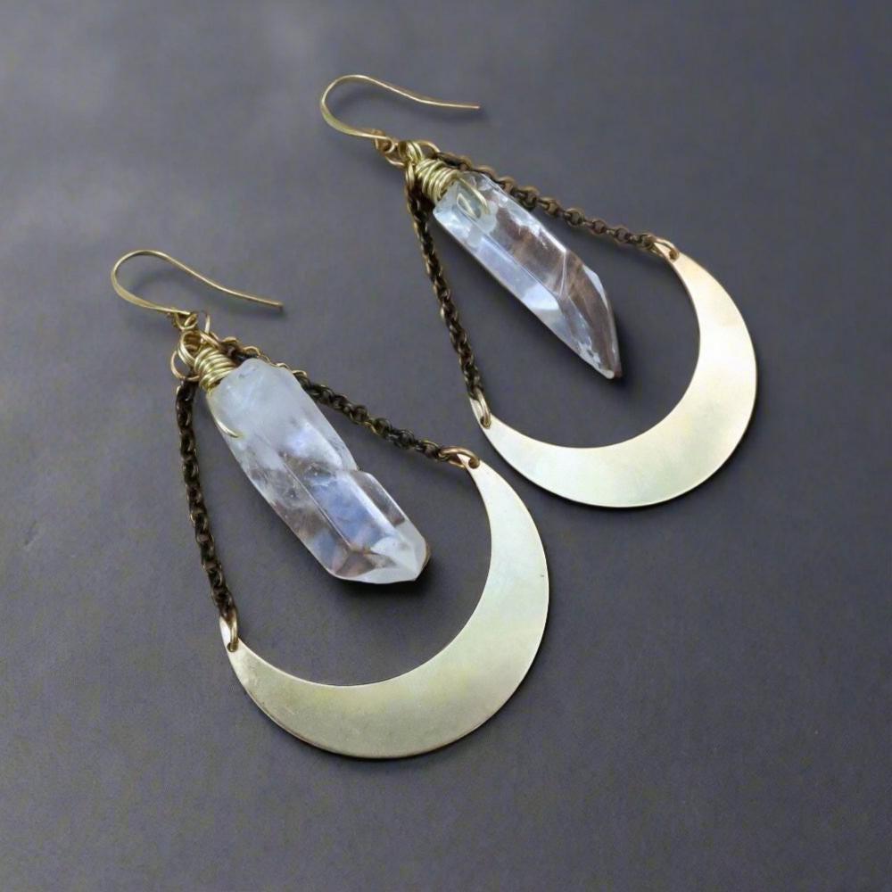 Quartz Point and Brass Crescent Moon Earrings for Healing - Blackbird & Sage Jewelry