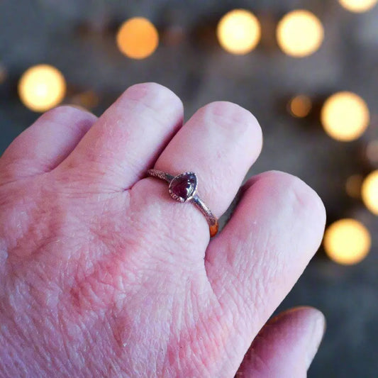 Handmade Garnet Birthstone Ring with Copper Band Elegance - Blackbird & Sage Jewelry