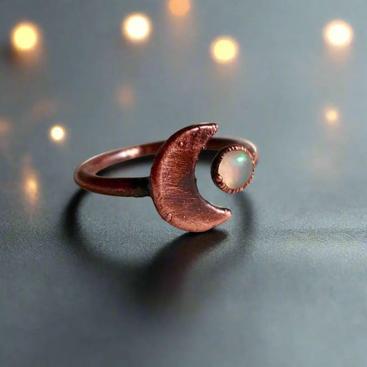 Crescent Moon and Opal Ring in Unique Copper Artistry - Blackbird & Sage Jewelry