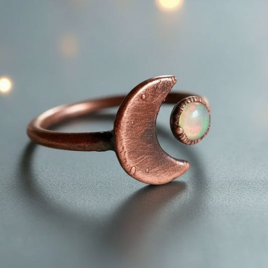 Crescent Moon and Opal Ring in Unique Copper Artistry - Blackbird & Sage Jewelry