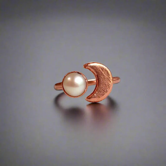 Electroformed Copper Ring With Pearl and Crescent Moon Charm - Blackbird & Sage Jewelry