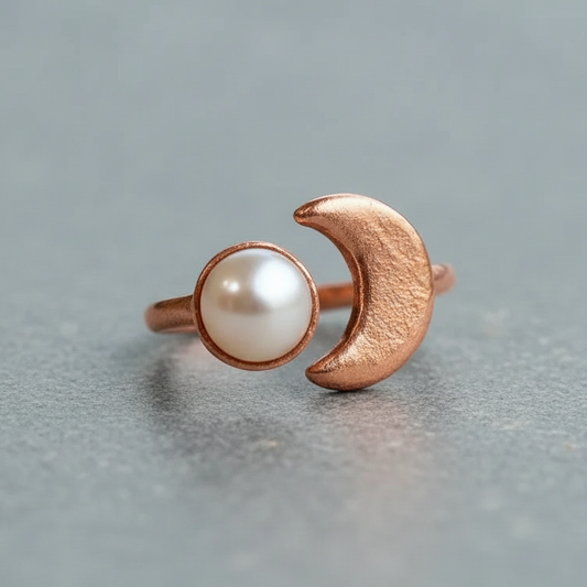 Electroformed Copper Ring With Pearl and Crescent Moon Charm - Blackbird & Sage Jewelry