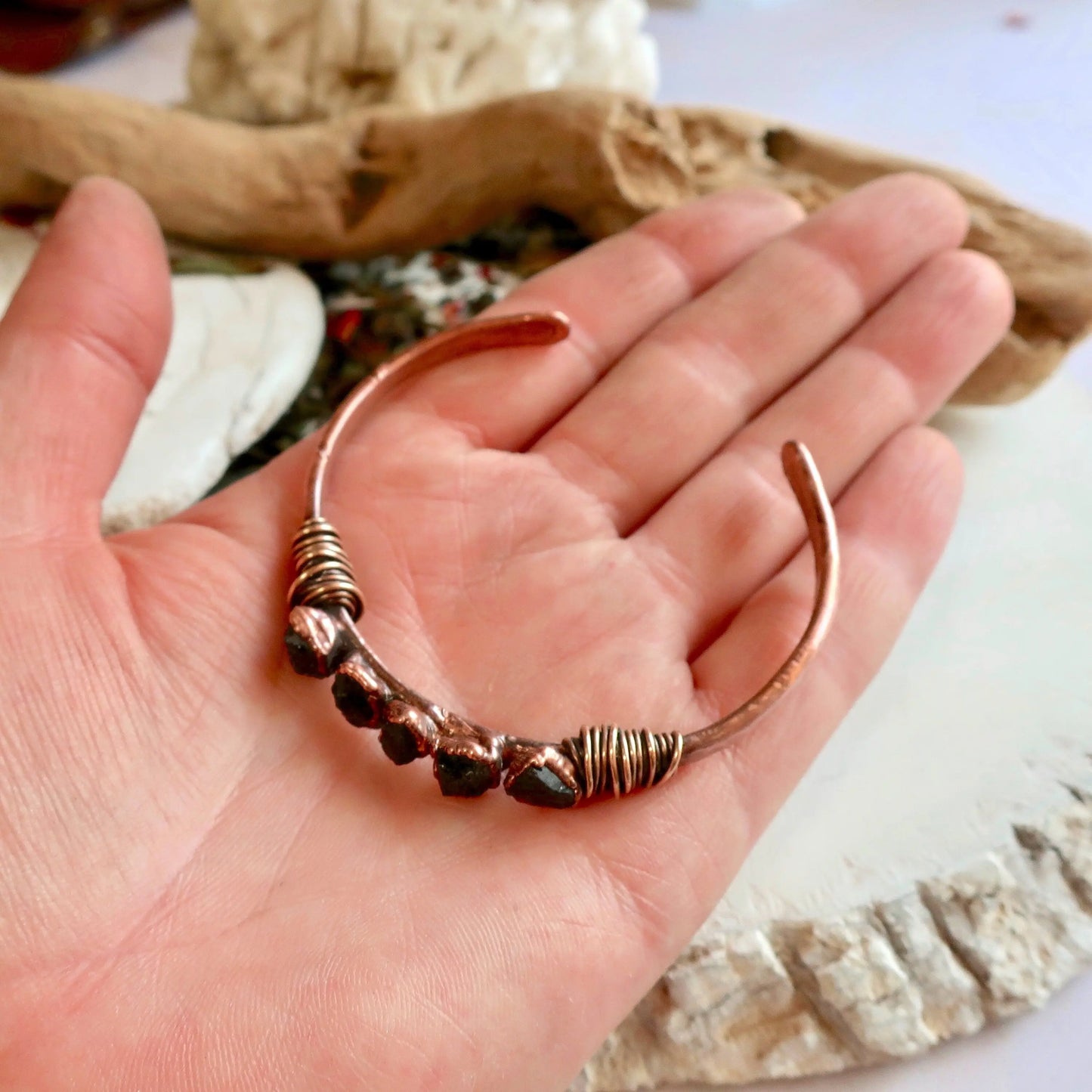 Raw Black Tourmaline Copper Cuff Bracelet for Protection - Blackbird & Sage Jewelry