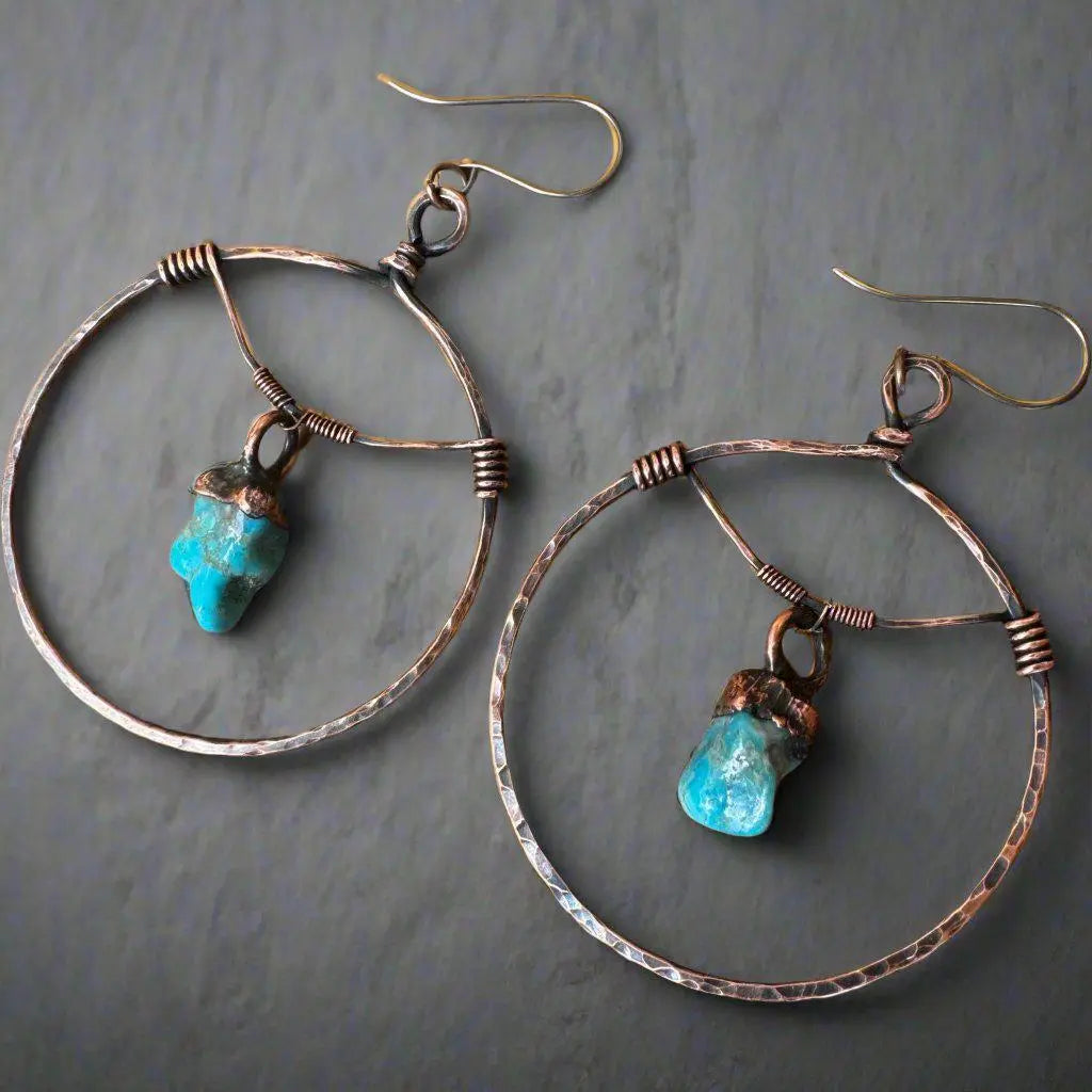 Raw Turquoise Hoop Earrings for Spiritual Balance and Healing - Blackbird & Sage Jewelry