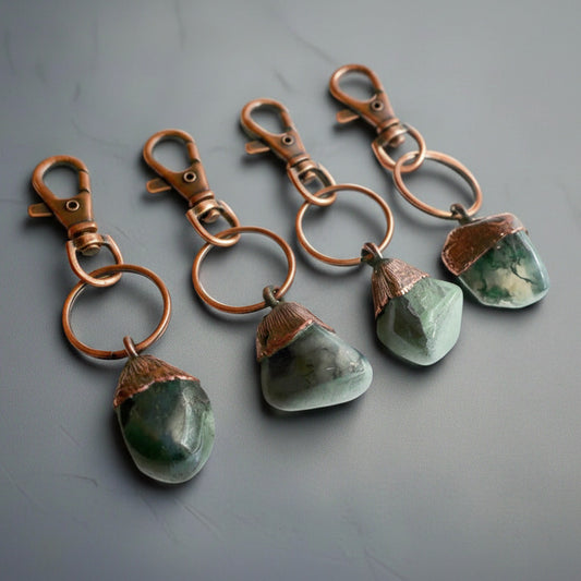 Handmade Moss Agate Keychain in Electroformed Copper Charm for Prosperity - Blackbird & Sage Jewelry