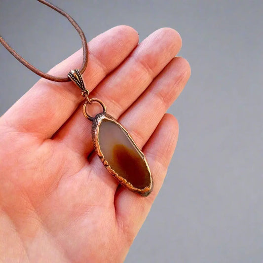 Red Agate Slice Pendant Necklace in Copper & Leather - Blackbird & Sage Jewelry