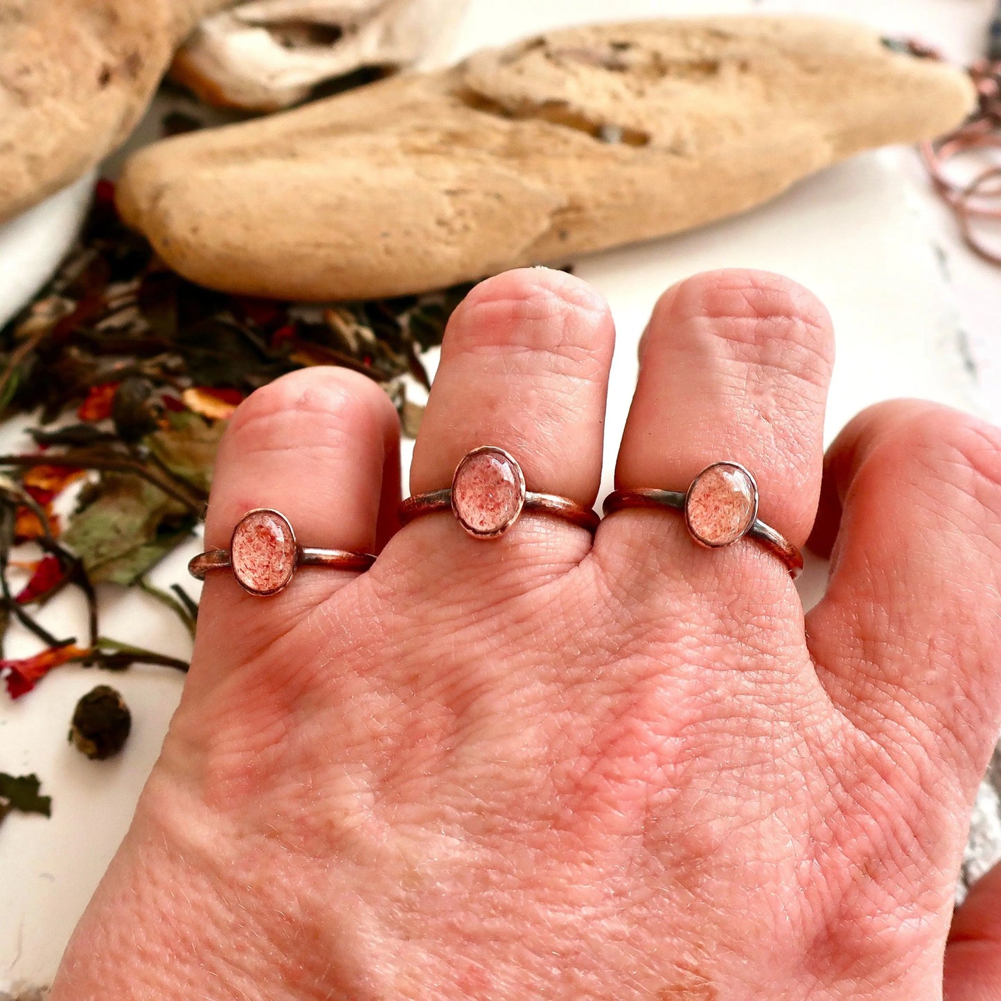 Strawberry Quartz Ring Set in Copper for Positive Energy - Blackbird & Sage Jewelry