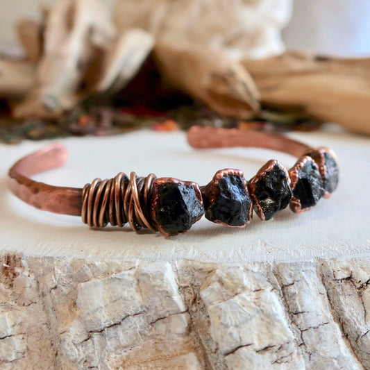 Raw Black Tourmaline Copper Cuff Bracelet for Protection - Blackbird & Sage Jewelry