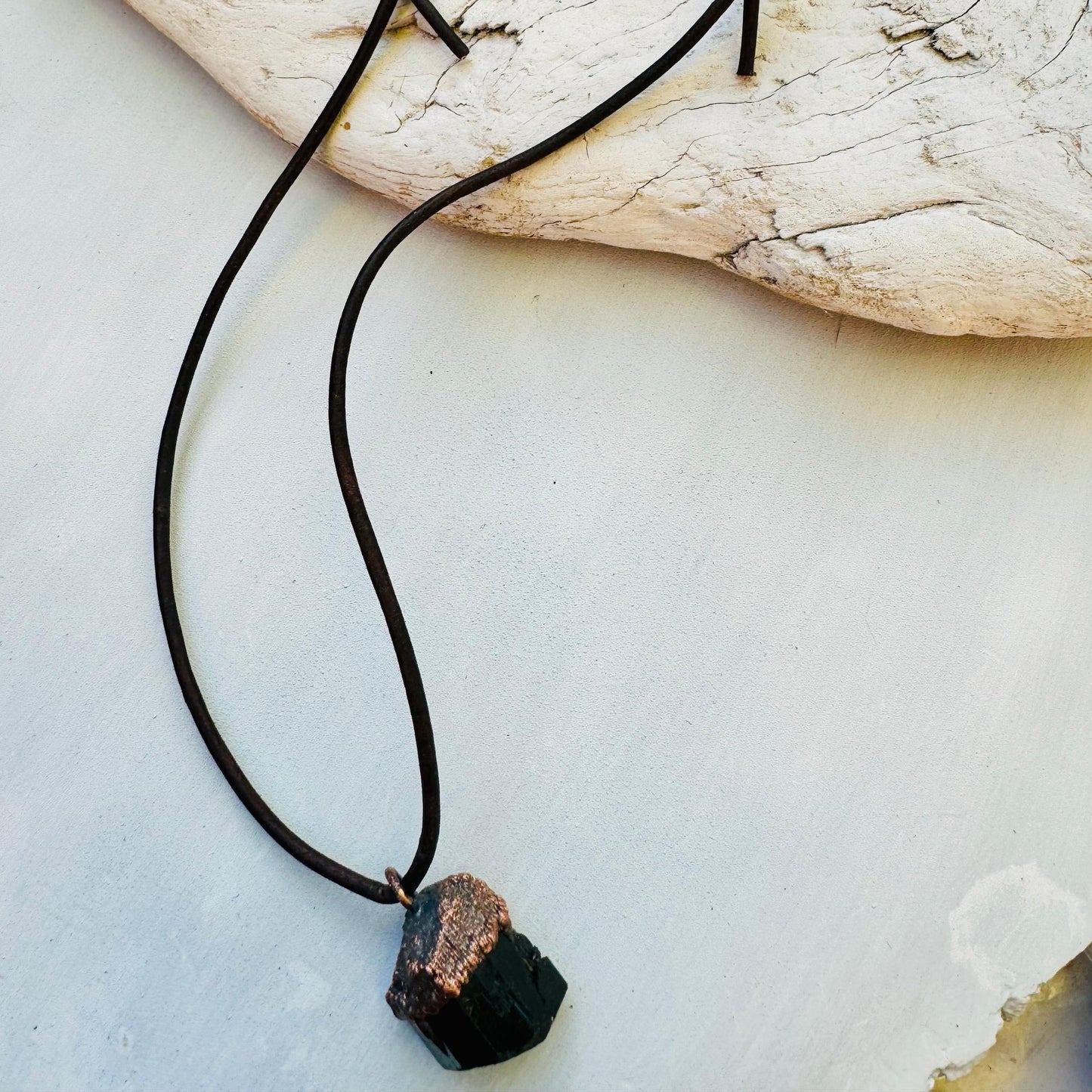 Raw Black Tourmaline Necklace with Copper Leather Pendant for Protection - Blackbird & Sage Jewelry