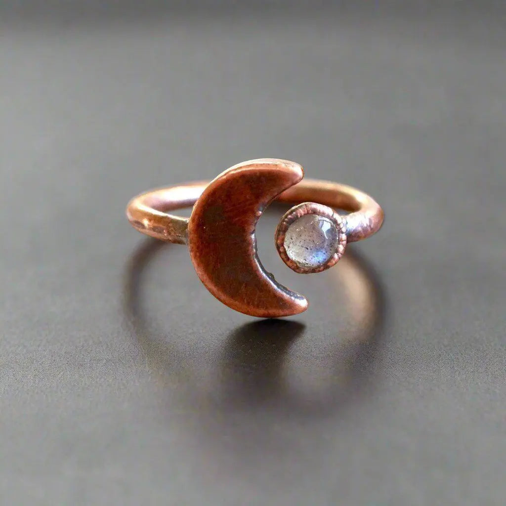 Handmade Copper Moon and Labradorite Open Ring for Intuition - Blackbird & Sage Jewelry