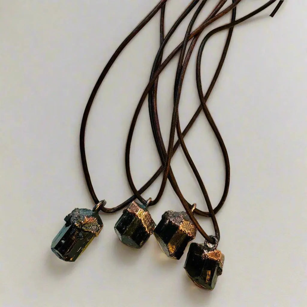 Raw Black Tourmaline Necklace with Copper Leather Pendant for Protection - Blackbird & Sage Jewelry