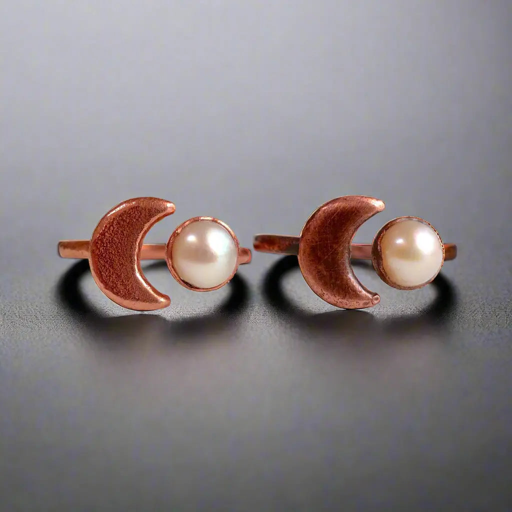 Electroformed Copper Ring With Pearl and Crescent Moon Charm - Blackbird & Sage Jewelry