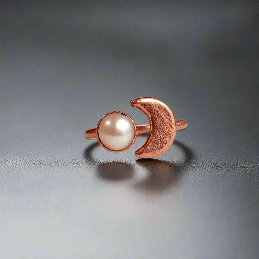 Pearl Crescent Moon Open Ring in Unique Copper Design - Blackbird & Sage Jewelry