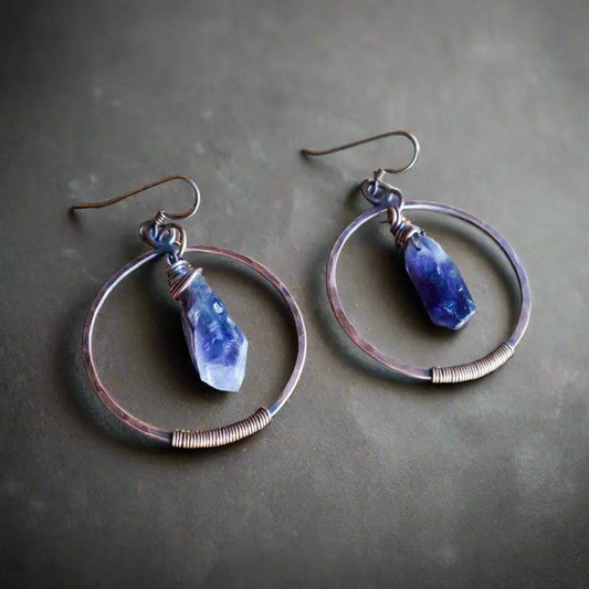 Raw Amethyst Copper Hoop Earrings with Unique Wire Wrap Beauty - Blackbird & Sage Jewelry