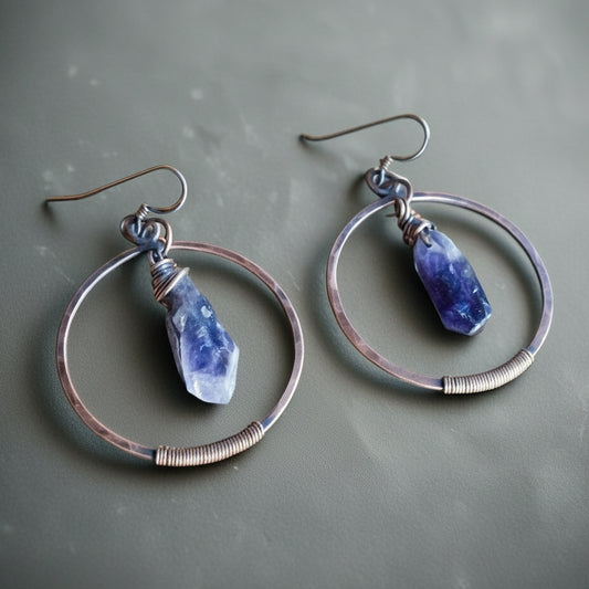 Raw Amethyst Copper Hoop Earrings with Unique Wire Wrap Beauty - Blackbird & Sage Jewelry