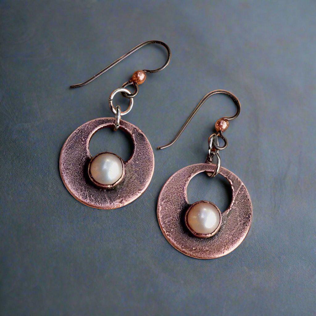 Handcrafted Pearl Drop Earrings with Copper Design Elegance - Blackbird & Sage Jewelry