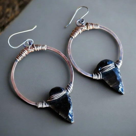 Black Obsidian Arrowheads on Copper Hoops Earrings - Blackbird & Sage Jewelry